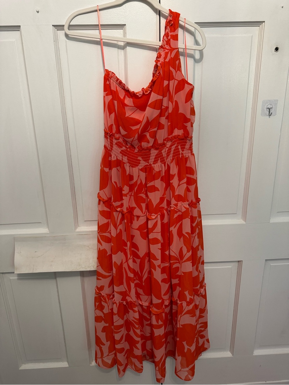 Taylor One-Shoulder Floral Midi Dress in Orange and White